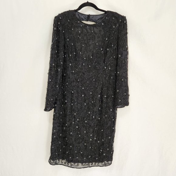 Joan Leslie Evenings Dresses & Skirts - Vintage JOAN LESLIE Hollywood-Fairy-Tale Beaded Black Silk Sheath Dress Size 10.